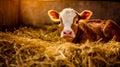 Cute young calf lies in straw. Calf lying in straw inside dairy farm in the barn Royalty Free Stock Photo