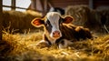 Cute young calf lies in straw. Calf lying in straw inside dairy farm in the barn