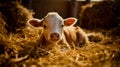 Cute young calf lies in straw. Calf lying in straw inside dairy farm in the barn
