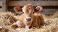 Cute young calf lying in straw on a dairy farm barn. In the nursery of a farm, a cow calf finds comfort and care. Royalty Free Stock Photo