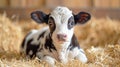 Cute young calf lying in straw on a dairy farm barn. In the nursery of a farm, a cow calf finds comfort and care Royalty Free Stock Photo
