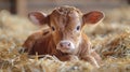 Cute young calf lying in straw on a dairy farm barn. In the nursery of a farm, a cow calf finds comfort and care. Royalty Free Stock Photo