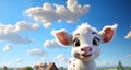 A cute young cartoon calf against a blue sky with clouds