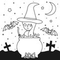 Cute young cartoon witch cooks a potion in the cauldron in the night halloween vector black and white illustration for coloring ar Royalty Free Stock Photo