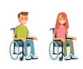 Cute young couple man and woman with disabilities sit in wheelchairs.