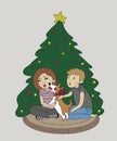cute young couple messing around with a corgi dog with a red bow around his neck, sitting together near the christmas tree at home