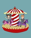 cute young couple ride on a colorful carousel on funny unicorns at a fair on a turquoise background. the guy shoots the girl on