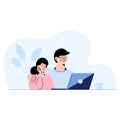 Cute young couple sitting at home looking at laptop and thinking about choice concept. Royalty Free Stock Photo