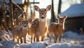 Cute young deer standing in snowy winter forest generated by AI Royalty Free Stock Photo