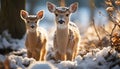 Cute young deer standing in snowy winter meadow generated by AI Royalty Free Stock Photo
