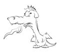 Cute young dragon teenager in a bad mood releases flames from his mouth. Coloring book for children. Vector on a white background Royalty Free Stock Photo