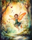 Happy smiling little fairy, flying in a magical enchanted moonlit forest surrounded by fireflies Royalty Free Stock Photo