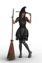 Cute young fairy tale witch standing in black costume holding a broomstick. Isolated 3D illustration