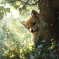 Cute Young Fox Peeking from Behind Tree in Enchanted Forest Scene Royalty Free Stock Photo