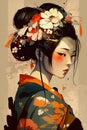 Cute young geisha with flowers in her hair.