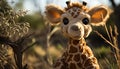 Cute young giraffe playing with toy in green meadow generated by AI