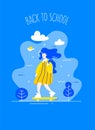 Cute young girl with backpack on a skateboard rides on the road. Back to school banner. Flat linear style