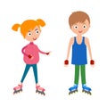 Cute young girl and boy in roller pink skates vector.