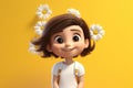 Cartoon girl with big eyes in a white T-shirt on a yellow background with daisies