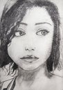 Cute young girl face, drawn in pencil, hand draw