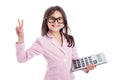 Cute Young Girl with Glasses and Calculator. Royalty Free Stock Photo