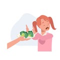 cute young girl,kid do not want to eat vegetable, broccoli. children hate vegetables. Flat vector cartoon illustration