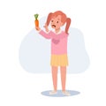cute young girl,kid do not want to eat vegetable, carrot. children hate vegetables. Flat vector cartoon illustration