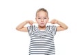 Cute young girl making special exercises at speech therapy office. Child speech therapy concept on white background. Royalty Free Stock Photo