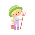 Cute Young Girl in Overalls, Rubber Boots and Hat Standing with Pitchfork and Bucket, Farmer Girl Cartoon Character