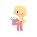 Cute Young Girl in Overalls and Rubber Boots Holding Basket Full of Fresh Vegetables, Farmer Girl Cartoon Character