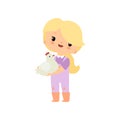 Cute Young Girl in Overalls and Rubber Boots Holding Chicken or Hen, Farmer Girl Cartoon Character Vector Illustration Royalty Free Stock Photo
