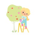 Cute Young Girl in Overalls and Rubber Boots Picking Apples in Garden, Farmer Girl Cartoon Character Harvesting Vector