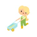 Cute Young Girl in Overalls and Rubber Boots Pushing Wheelbarrow, Farmer Girl Cartoon Character Vector Illustration