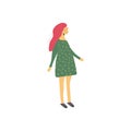 Cute young girl with pink hair in a green dress doodle drawing.Hand drawn flat vector illustration in cartoon style