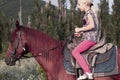 Cute young girl rides in saddle riding a brown horse in forest or Park at sunset. blond child is travelling on a