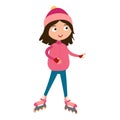 Cute young girl in roller pink skates vector.