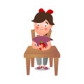 Cute young girl stay on kitchen and eat red fresh paprika