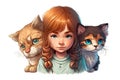 Cute young girl with two cats, cartoon illustration generated by AI Royalty Free Stock Photo