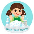 Cute Young Girl washing hands in the sink. Vector Illustration. Royalty Free Stock Photo