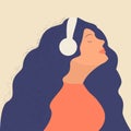 Cute young girl or woman with headphones listening to music, radio, podcast or audio book. Music therapy.