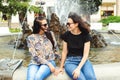 Cute young girls travel together. Summer vacation, travelling and lifestyle. Friendship concept Royalty Free Stock Photo