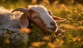 Cute young goat grazing on green meadow at sunset generated by AI Royalty Free Stock Photo