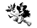 Cute young Halloween witch flying on the broom stick surrounded by bats. Black and white hand drawn vector illustration