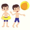 Cute boy wearing swimsuit holding swim ring and playing beach ball Royalty Free Stock Photo