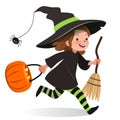 Cute young happy girl, running in Halloween witch costume with hat, black dress, stripy stockings, carrying broom and orange trick Royalty Free Stock Photo