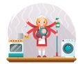 Cute young housewife with child accessories icons on home room interior background flat design concept template vector