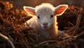 A cute young lamb grazes in the meadow at sunset generated by AI