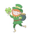 Cute young leprechaun in green clothes with a pot of golden coins and clower leaf. Saint Patrick s day celebration