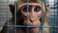 Cute young macaque sitting, staring through cage generated by AI