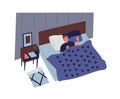 Cute young man sleeping in bedroom at night. Male character lying in comfortable bed and falling asleep. Rest and